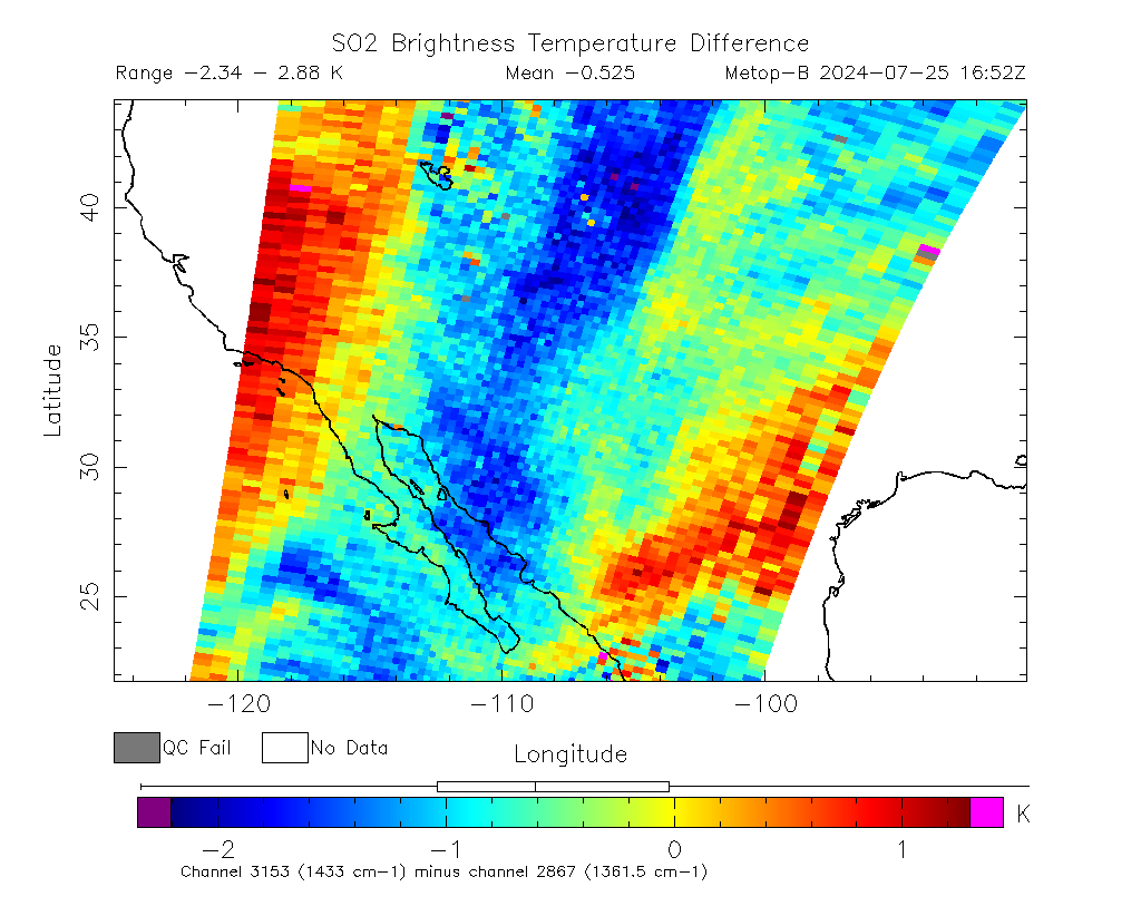 SO2 Brightness Temperature Difference 2024-07-25 16:52Z