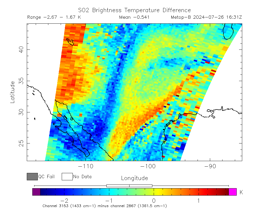 SO2 Brightness Temperature Difference 2024-07-26 16:31Z