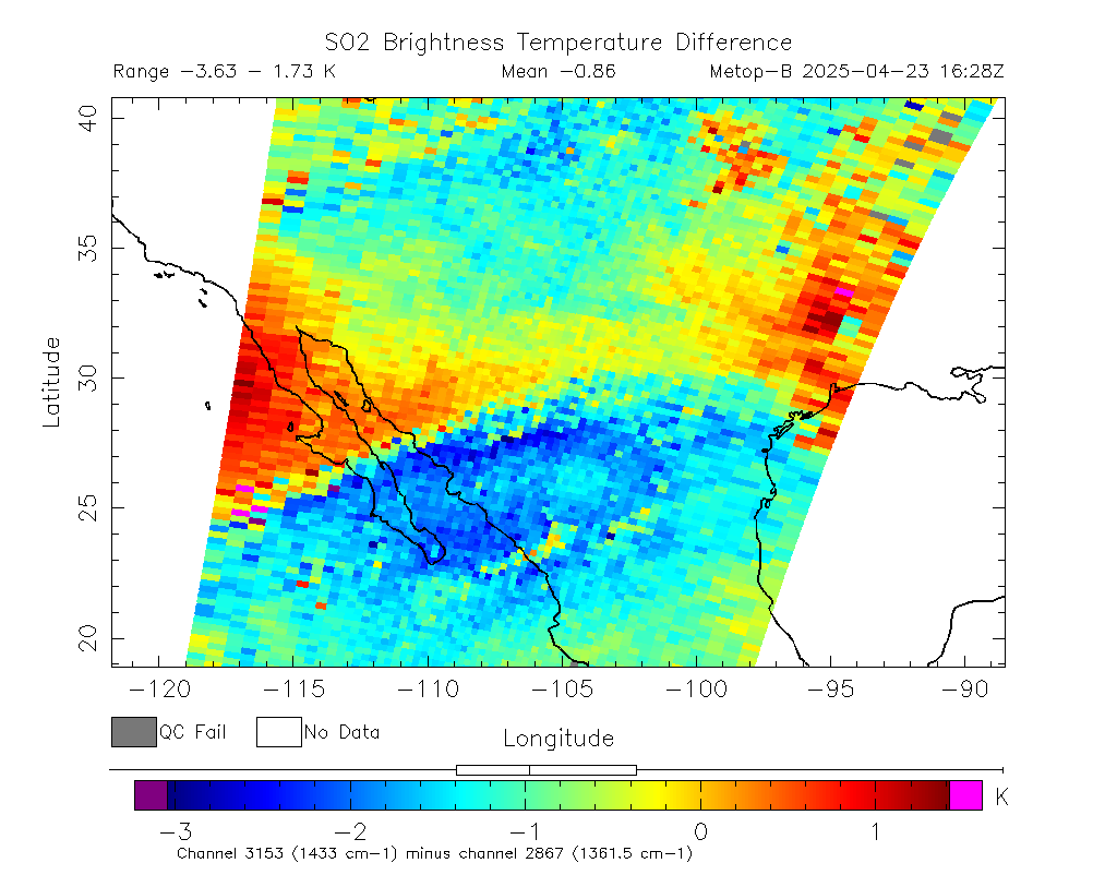 SO2 Brightness Temperature Difference 2025-04-23 16:28Z