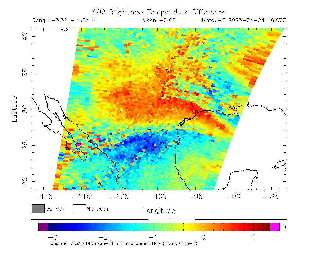 SO2 Brightness Temperature Difference 2025-04-24 16:07Z