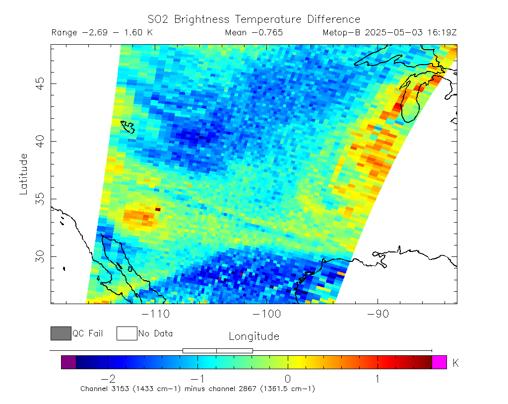 SO2 Brightness Temperature Difference 2025-05-03 16:19Z