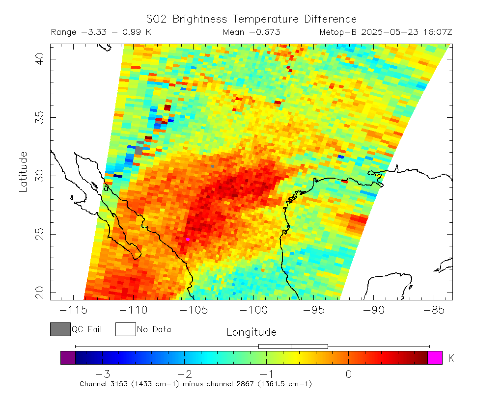 SO2 Brightness Temperature Difference 2025-05-23 16:07Z