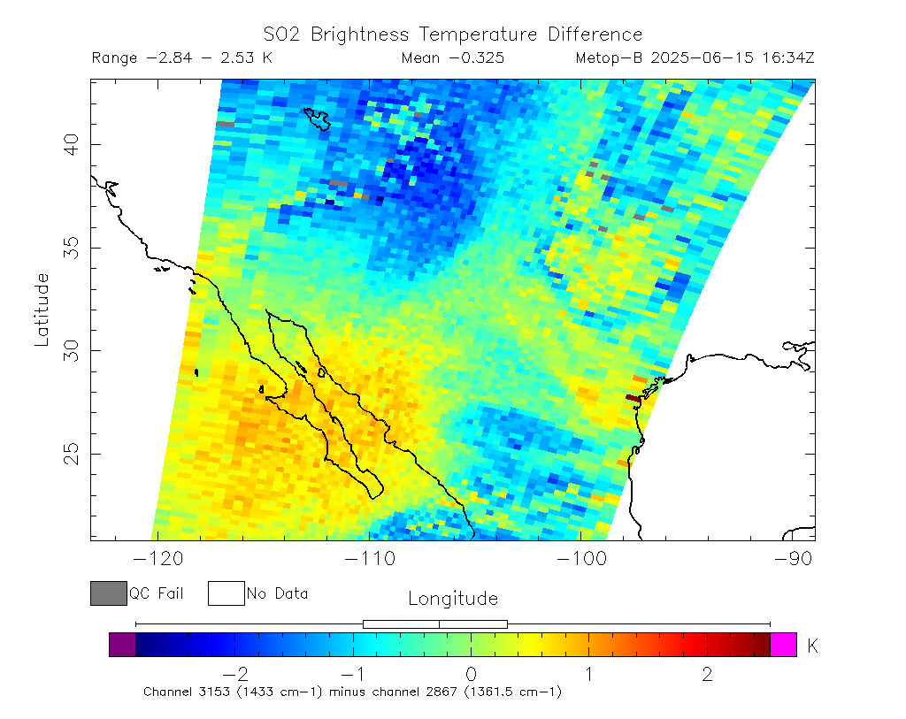 SO2 Brightness Temperature Difference 2025-06-15 16:34Z