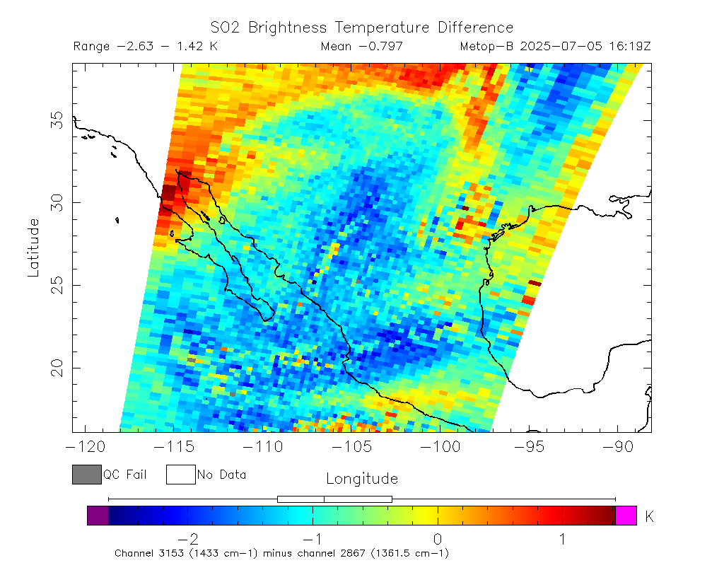 SO2 Brightness Temperature Difference 2025-07-05 16:19Z