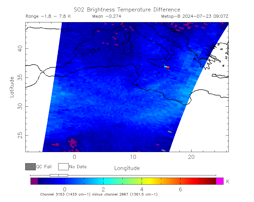 SO2 Brightness Temperature Difference 2024-07-23 09:07Z