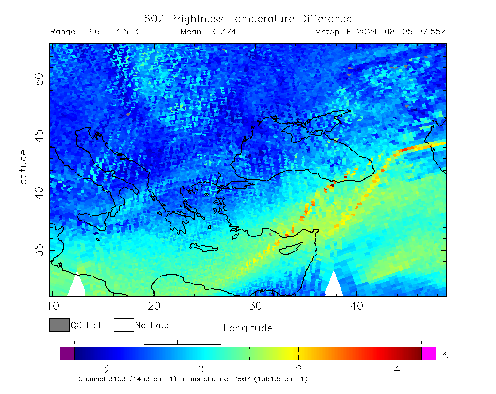 SO2 Brightness Temperature Difference 2024-08-05 07:55Z