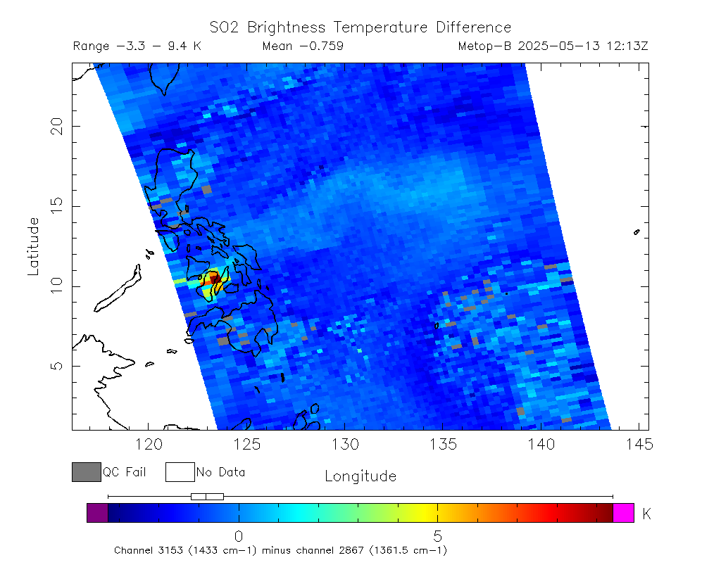 SO2 Brightness Temperature Difference 2025-05-13 12:13Z