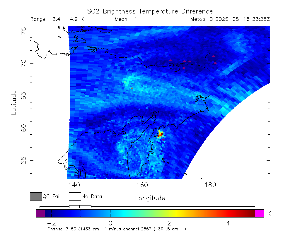 SO2 Brightness Temperature Difference 2025-05-16 23:28Z