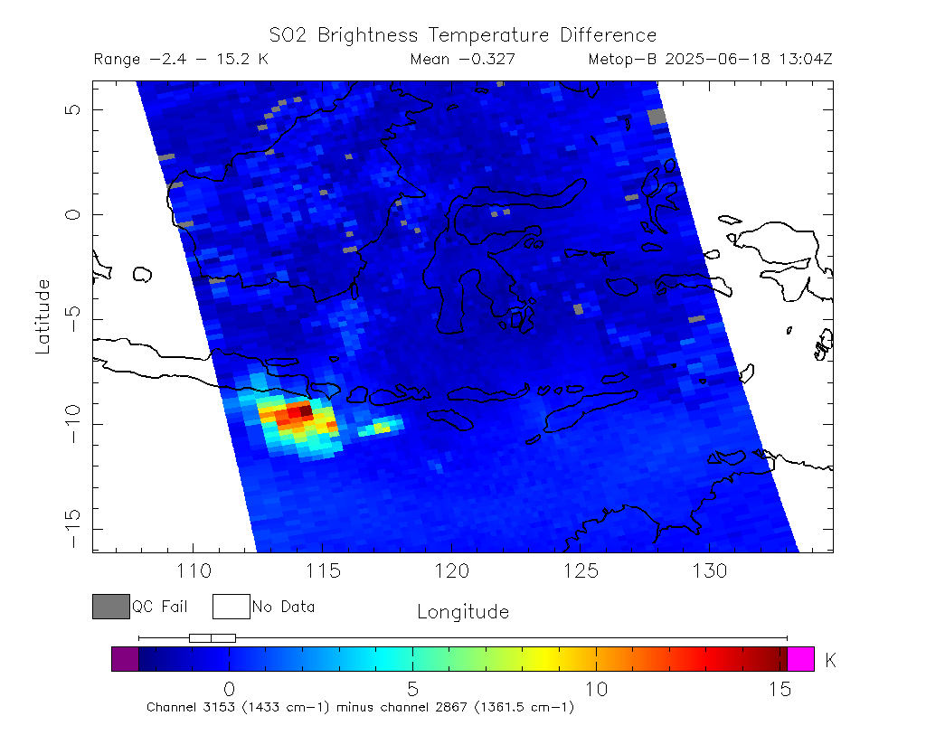 SO2 Brightness Temperature Difference 2025-06-18 13:04Z