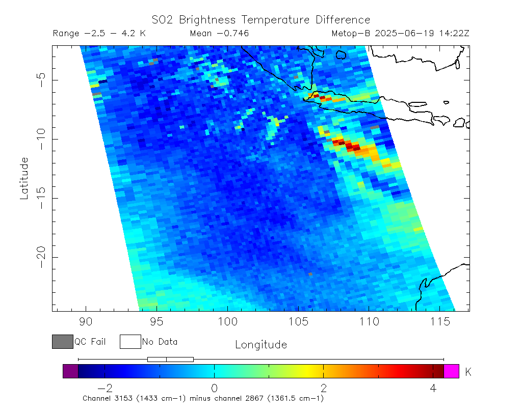 SO2 Brightness Temperature Difference 2025-06-19 14:22Z